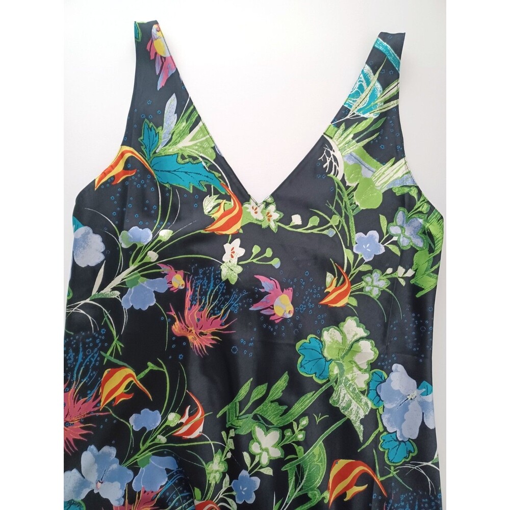 Natori Slip Gown Small Tropical Fish Ocean Floral Silky Satin Midi Chemise